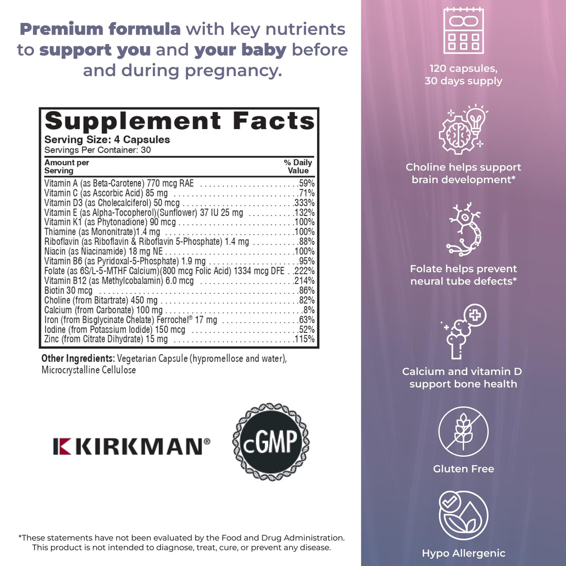 Kirkman P2i Prenatal Vitamins for Women, Multivitamin with Choline, 120 Capsules, Vital Daily Nutritional Support for Healthy Mother & Baby, OBGYN Formulated & Endorsed, Hypoallergenic & Gluten-Free