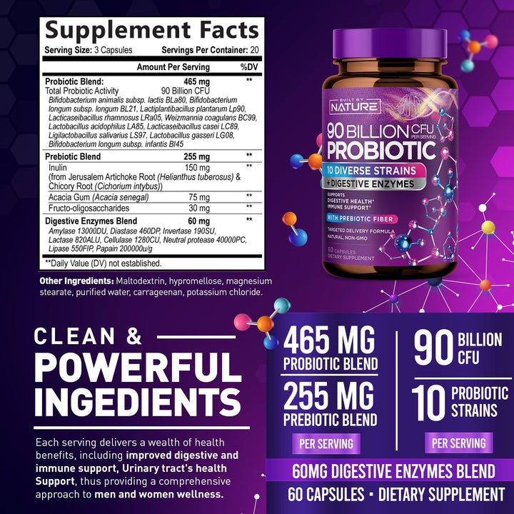 90 Billion CFU Probiotic - Daily Digestive Gut Health Supplement for Men & Women - Lactobacillus acidophilus, Bifidobacterium & Prebiotics - Non-GMO, Gluten & Dairy Free, Shelf-Stable - 60 Capsules