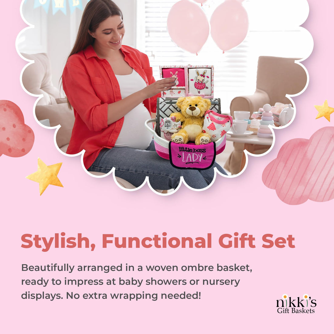 Welcome Home Precious Baby Gift Set | Newborn Baby Girl Gift Set with Baby Essentials | Gift for Expecting Moms and Gender Reveals | Baby Layette Set | Pink Baby Gift Basket | Nikki's Gift Baskets