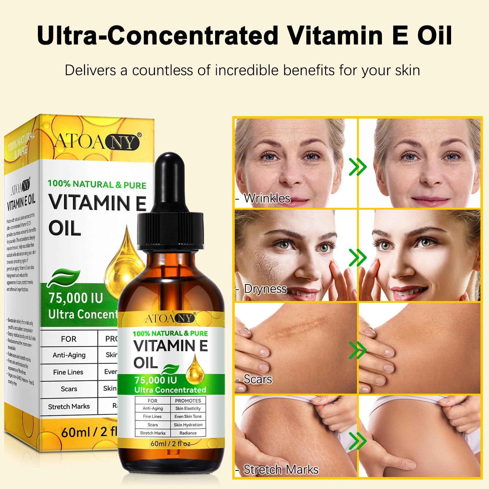 Vitamin E Oil Blend 75,000 IU, Vitamin E Oil for Skin, Scars, Face & Full Body, Organic Pure Vitamin E Oil for Tightening Plump Skin, Reduce Fine Lines & Scars, Moisturizing Skin, 2 Fl Oz