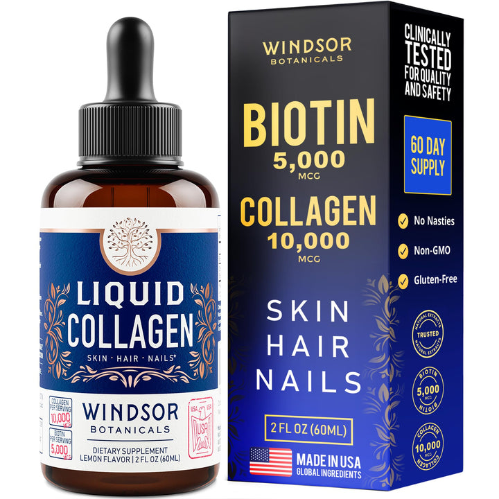 Concentrated Liquid Collagen Peptides Supplement - Hair, Skin, Nail, Joints Support - Sublingual Drops by WINDSOR BOTANICALS - 10,000mcg Collagen, 5,000mcg Biotin - Lemon Flavor - 2-Month - 2 oz
