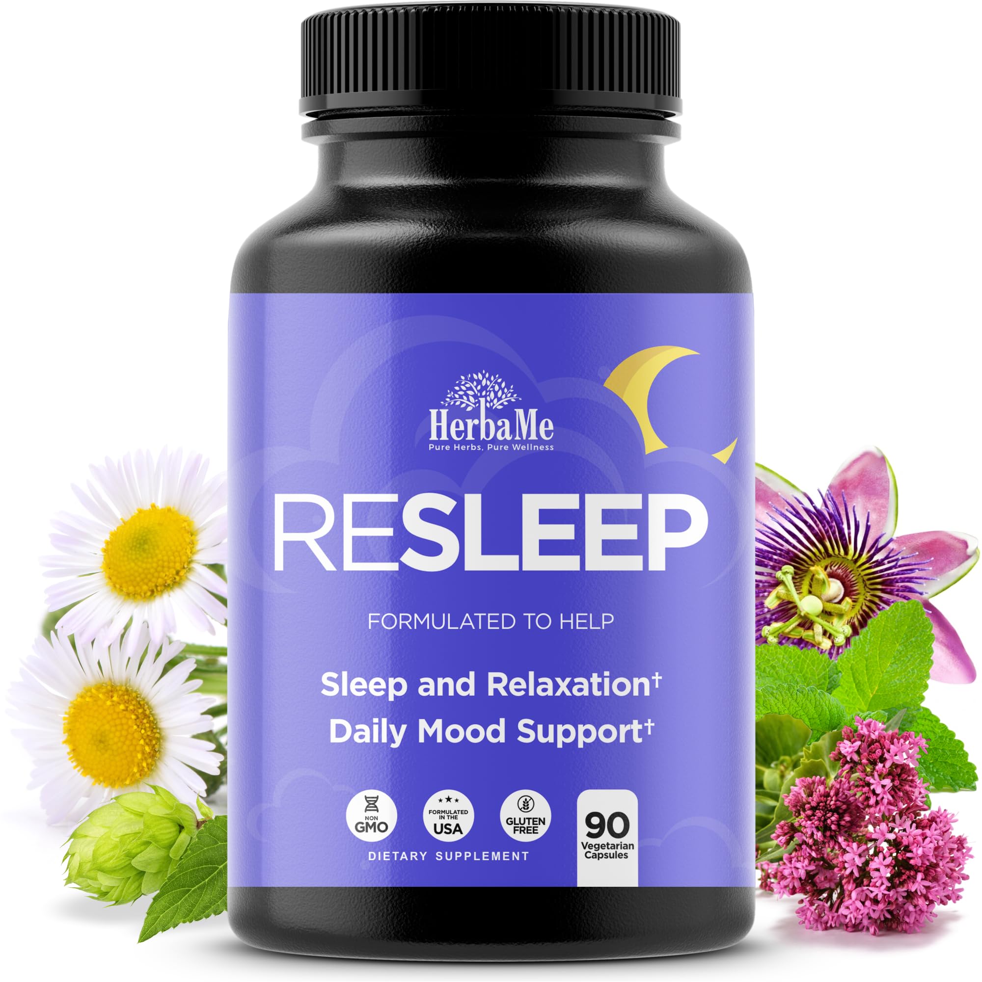 HerbaMe Sleep Aid Support Supplement - Melatonin Free Formula with Magnesium, Valerian, Chamomile, Apigenin, Helps Restful Sleep and Relaxation, No Grogginess Sleeping Pills