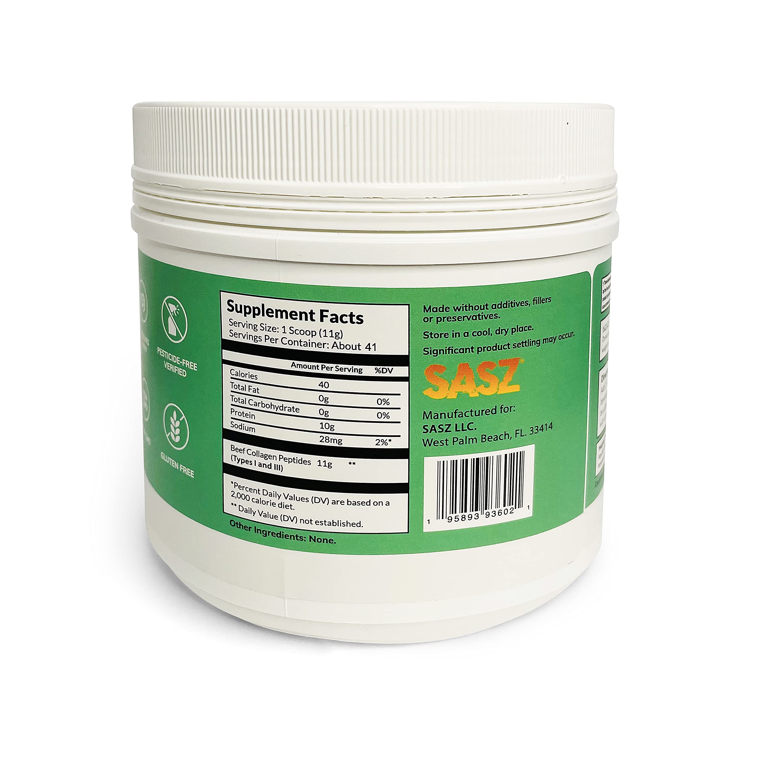 SASZ Hydrolyzed Bovine Collagen Peptides Powder 1lb Jar Clean Collagen Unflavored Grass-Fed Non-GMO Kosher Highly Soluble Protein