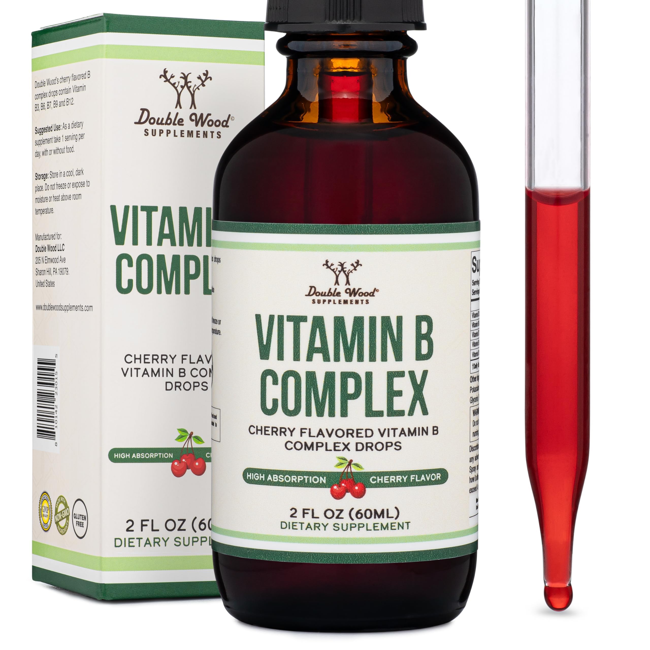 Double Wood Supplements Liquid Vitamin B Complex - 2 Month Supply - Max Absorption - B3, B6, B7 (Biotin), B9, and Vitamin B12 - Cherry Flavor - 2 FL OZ