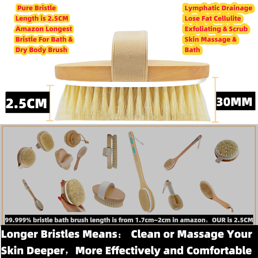 (1.0 inch Bristle Pure Length) Dry Brushing Body Brush for Lymphatic Drainage for Cellulite 100% Natural bristles Bath Brush Shower Scrubber for Body Scrubber Shower Brush for Body