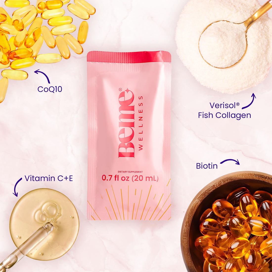 BeMe Liquid Collagen Drink, Be Radiant (Peach) - Liquid Collagen for Women & Men - Drinkable Supplement with Collagen Peptides, Biotin, & Vitamin C Supports Hair, Nail, & Skin Health - 30 Sachets