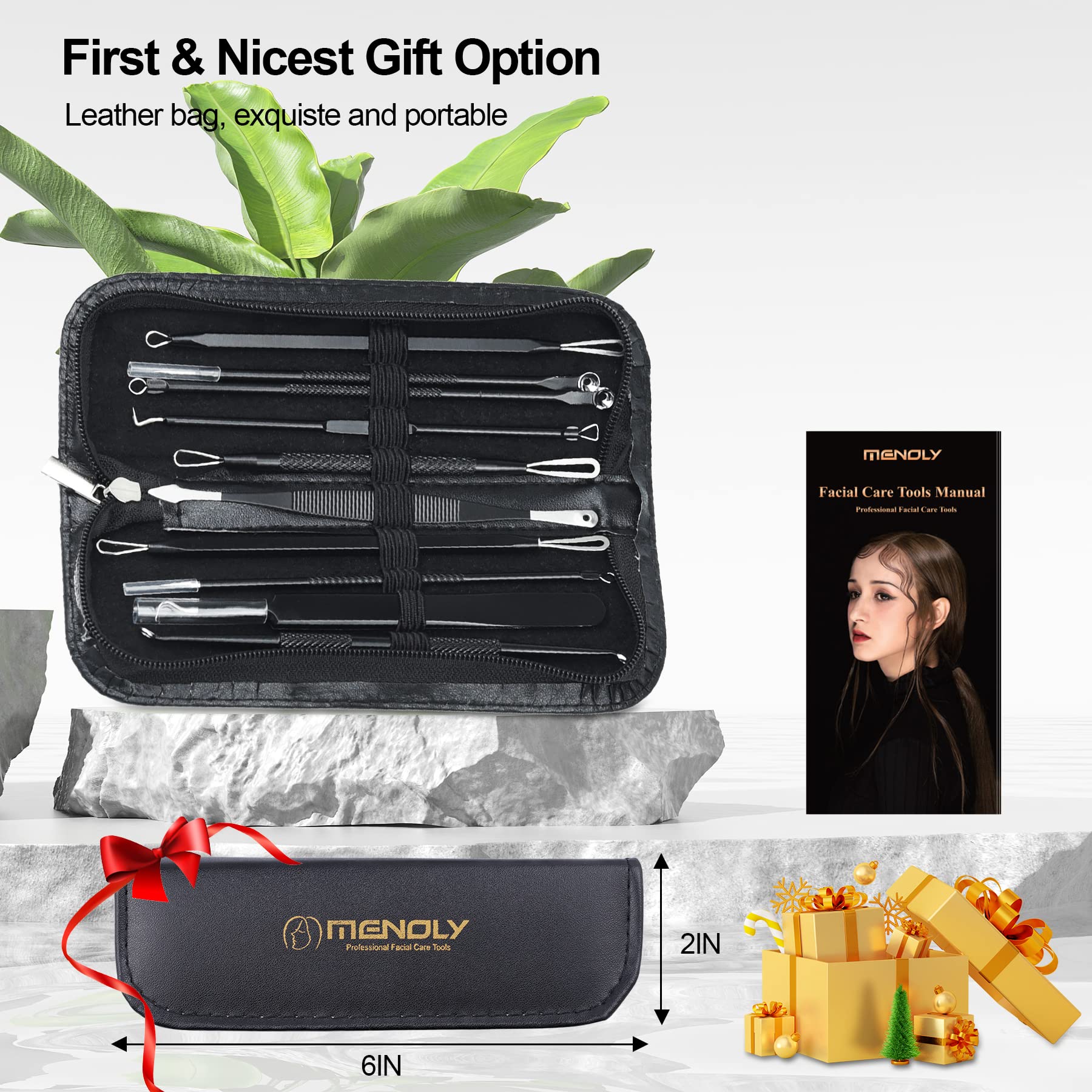 Pimple Popper Tool Kit 10 Pcs, MENOLY Newest Blackhead Remover Pimple Comedone Extractor Tools for Easy and Fast Removal of Blackheads, Pimples and Blemish on Face, with Elaborate Leather Bag