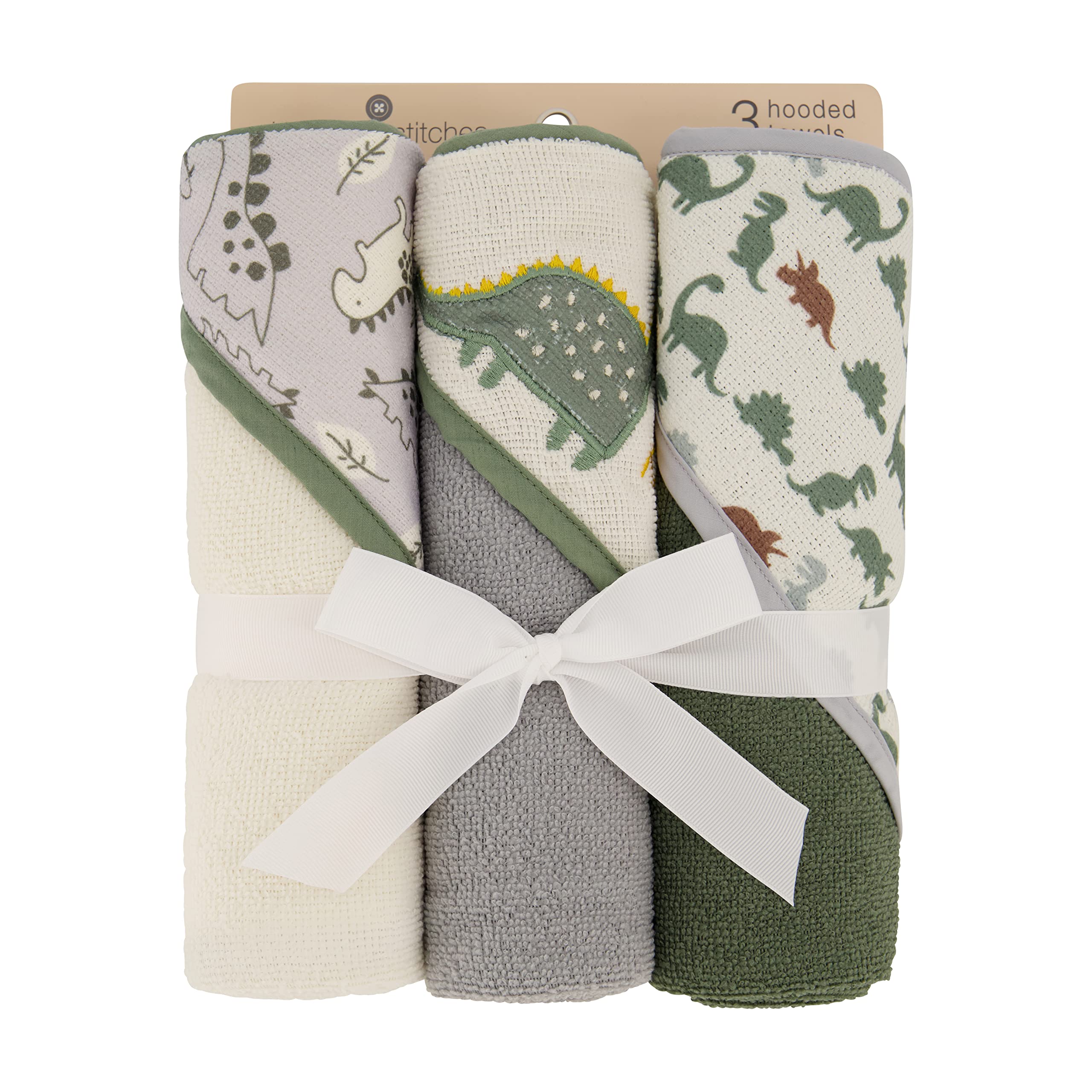 Cudlie Buttons & Stitches Baby Boy 3 Pack Rolled/Carded Hooded Towels in Dino Roar Print (GS71721)