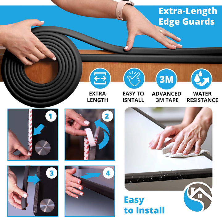 Baby Proof Corners and Edges with Furniture Corner & Edge Safety Bumpers, Impact-Absorbent 18ft Bumper & 8 Foam Corner Protectors, Cushy, Thick, Odorless Table Edge Protectors for Baby, Child | Black