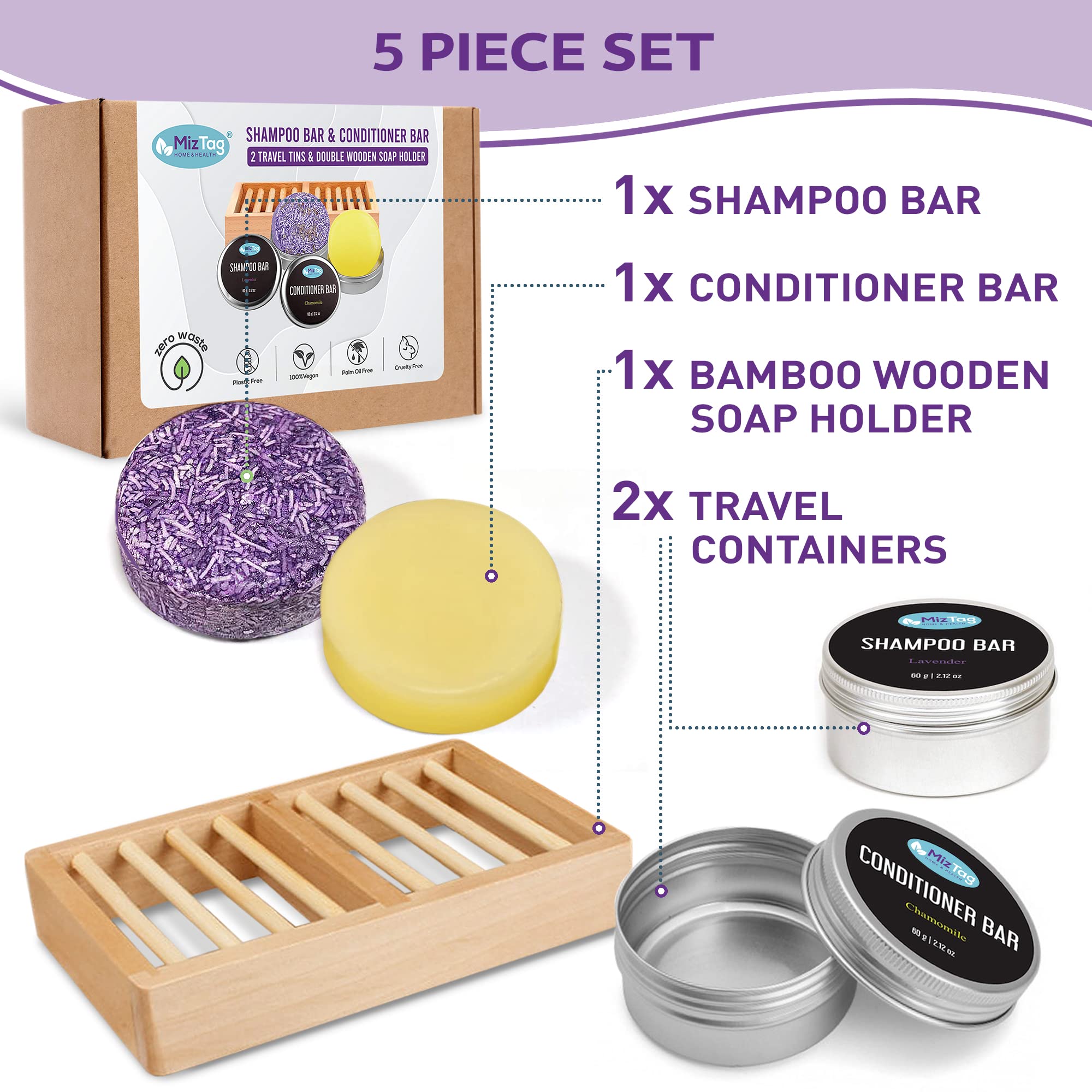 Miztag Home & Health Shampoo and Conditioner Bar Set - 5pcs with Holder & Travel Tins - Vegan, Sulfate-Free, Paraben-Free - Eco-Friendly Gift for Women
