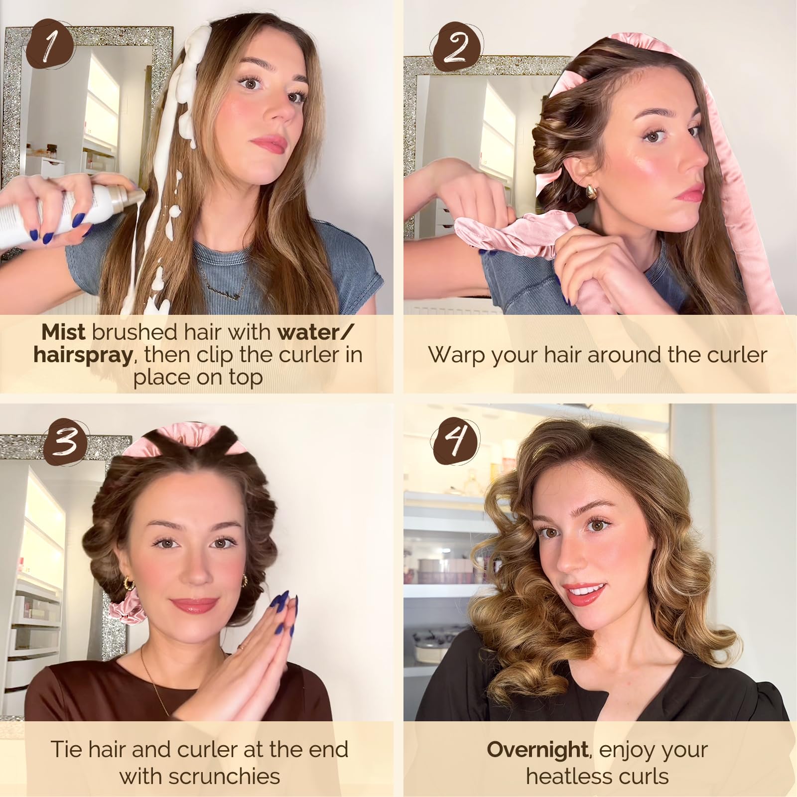 Yanibest Super Soft Satin Heatless Curler Set, Overnight Hair Curler to Sleep in, No Heat Curling Rods, with Satin Scrunchies and Clip