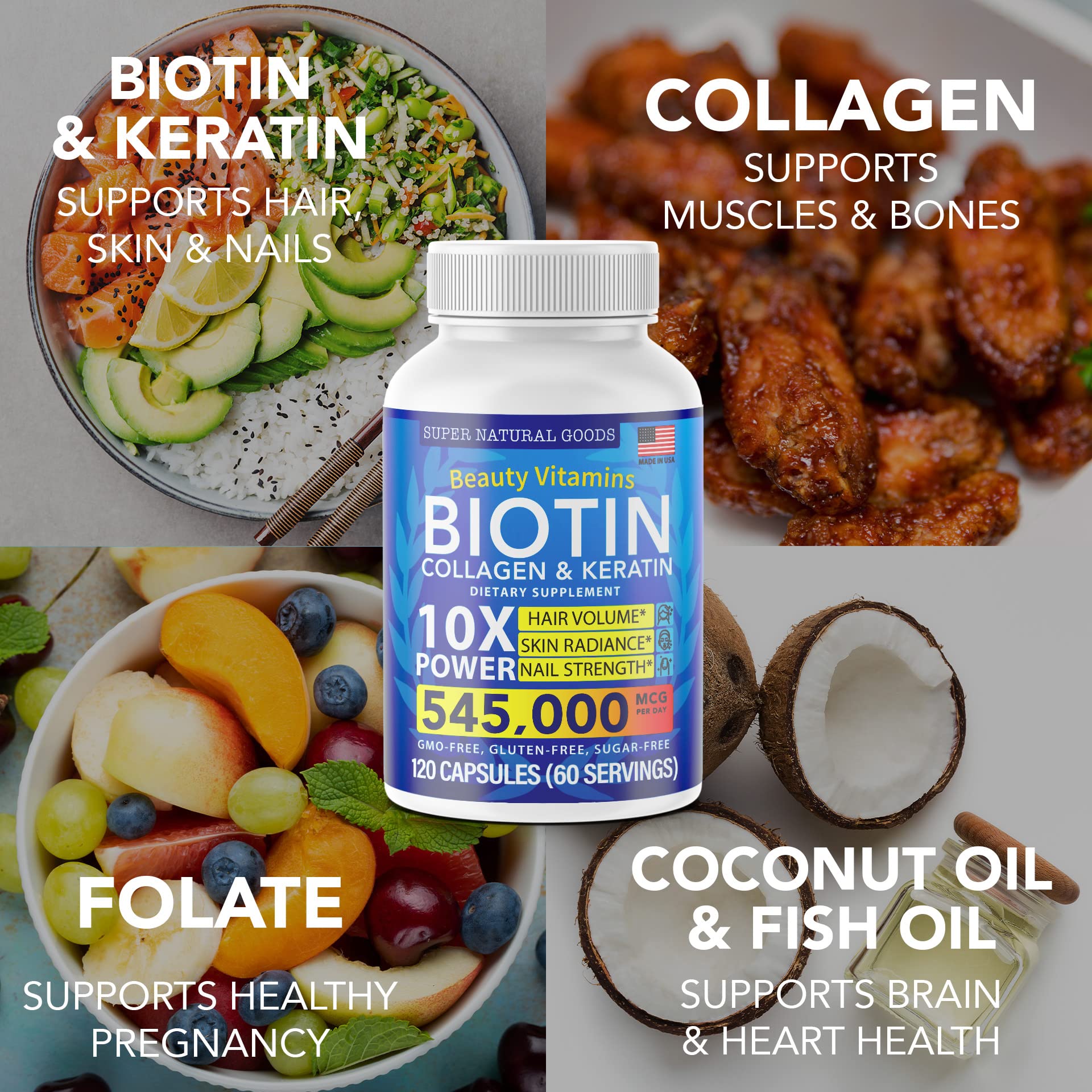 Biotin and Collagen Vitamins + Keratin with Folate - Hair Loss Treatments for Women & Men - Follicle, Skin and Nails Supplements for Hair Growth & Postpartum Support - GMO Free & Gluten Free (60 Caps)