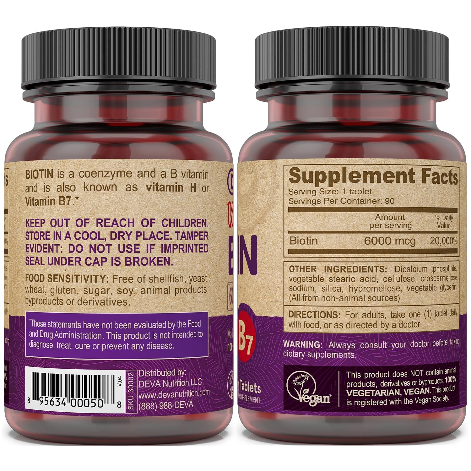 DEVA Vegan Biotin Supplement 6000 mcg – Easy-to-Swallow Vitamin B7, Tiny Tablets, 90 Count
