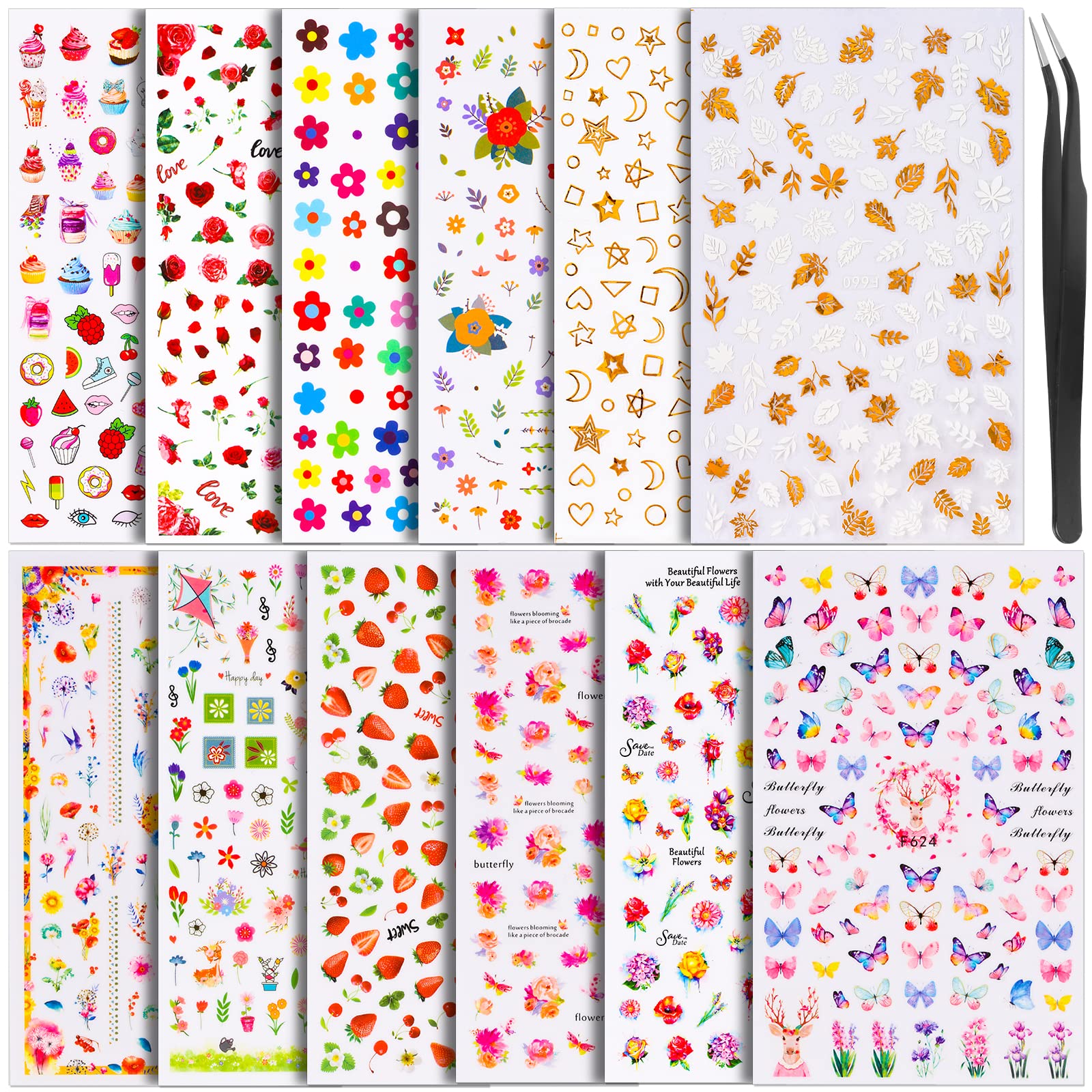 Teenitor Nail Art Stickers Self-Adhesive, 12 Sheets Flower Nail Stickers Butterfly Nail Decals Nail Stickers for Kids Flower Butterfly Stars Fruits Leaves Nail Decoration Stickers for Women Kids