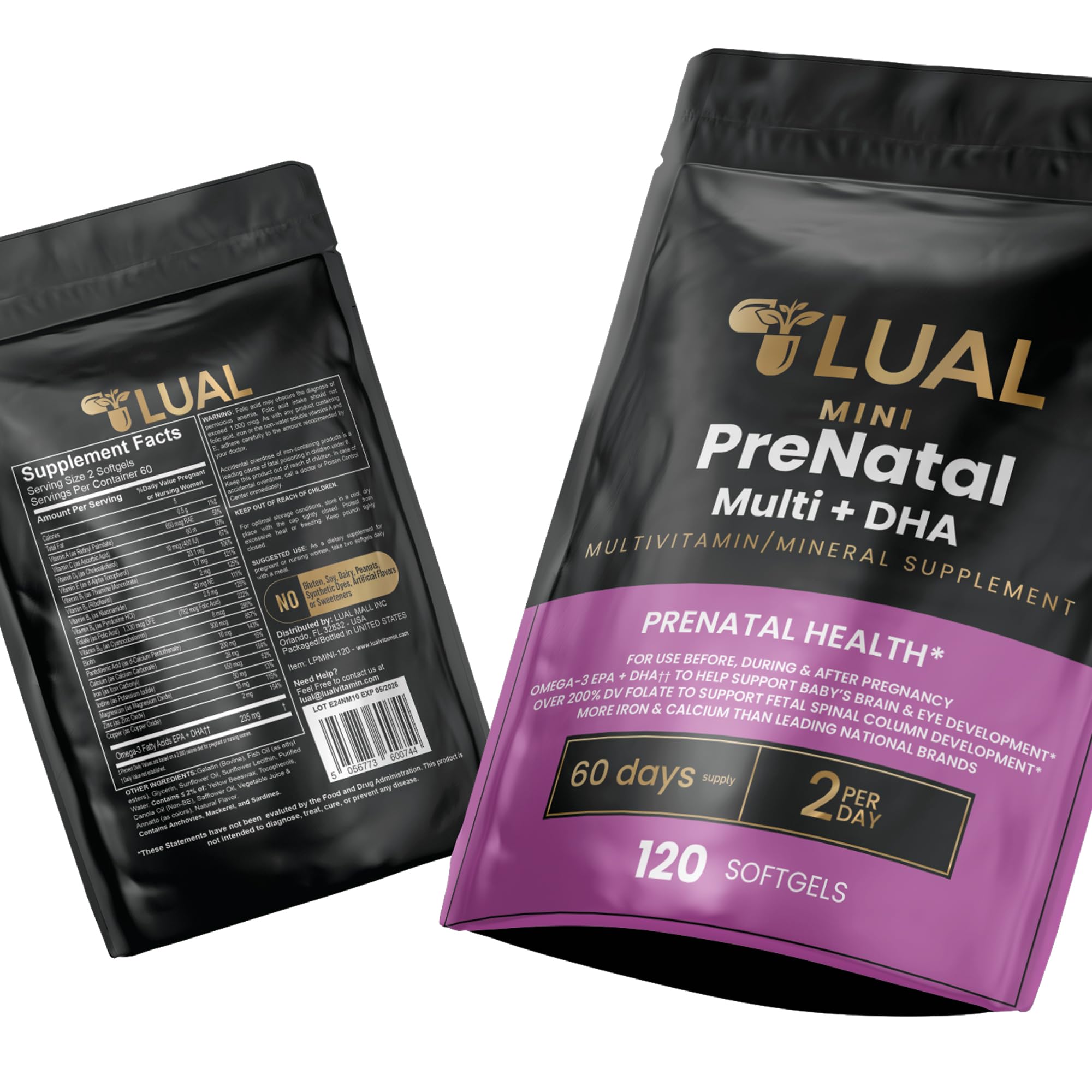 LUAL Mini Prenatal Vitamin with DHA & Folate | Prenatal Care with DHA for Expectant Mothers Multivitamin for Pregnant Women 120 Soft Gels