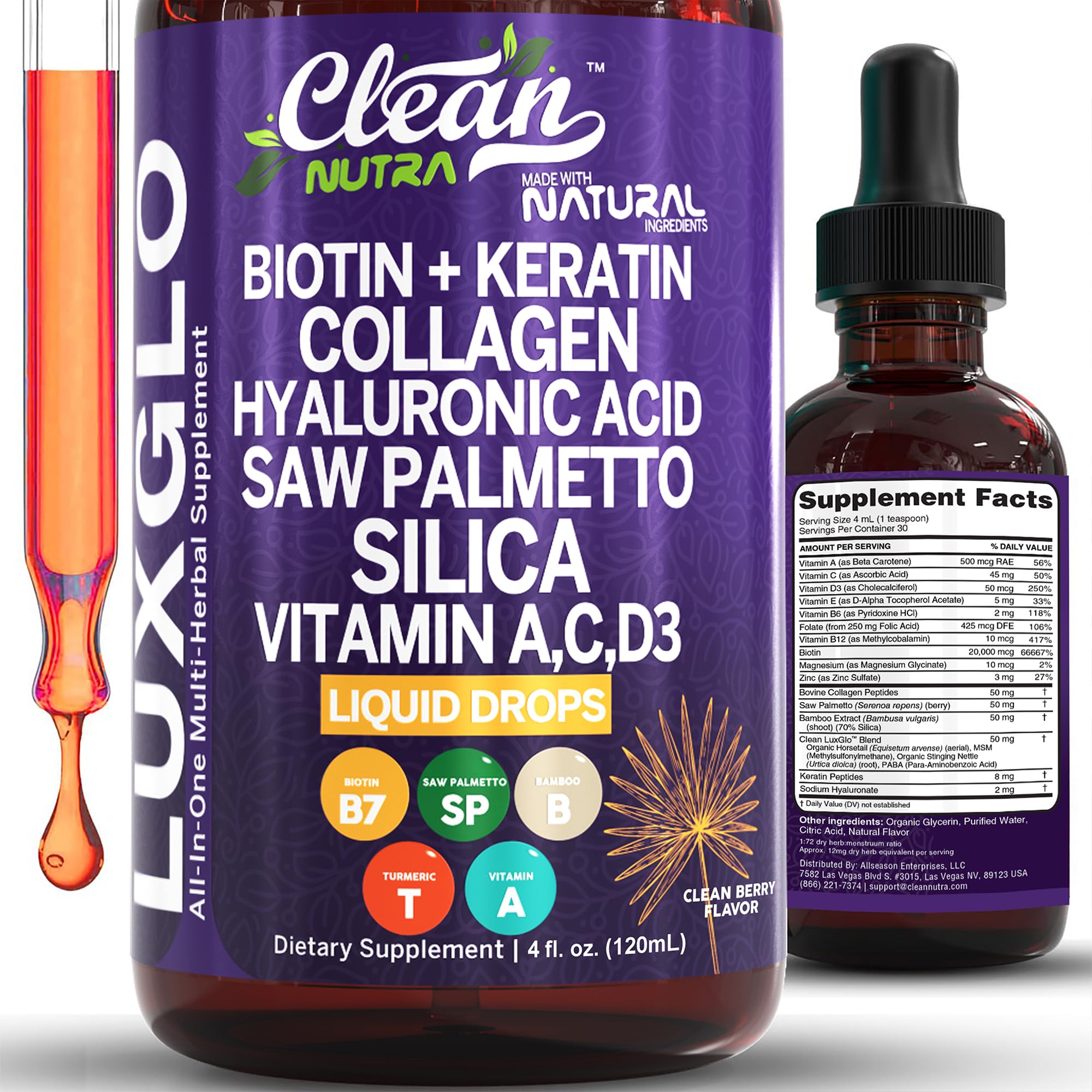Biotin Liquid Drops Collagen Keratin Hyaluronic Acid Saw Palmetto for Hair Skin and Nails Silica Vitamin A C Vitamin D Bamboo Turmeric Zinc Folate Magnesium Horsetail LuxGlo by Clean Nutra