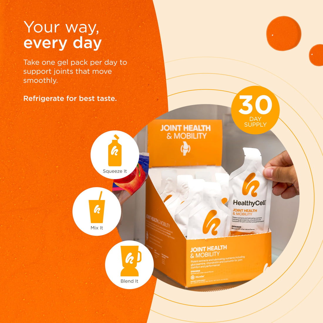 Healthycell Joint Relief & Mobility, Supports Healthy Inflammation Response, Joint Lubrication, Extra Strength Ache & Stiffness Relief with Curcumin, Glucosamine, Chondroitin, MICROGEL (30 Gel Packs)