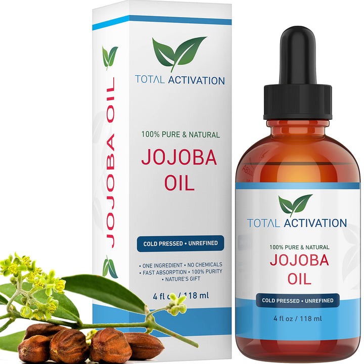 Total Activation Organic Jojoba Oil for Skin, Hair & Nails, 100% Pure Natural Unrefined Cold Pressed, Natural Face Moisturizer, Hair Moisturizer for dry, oily, normal skin types Large 4 oz bottle