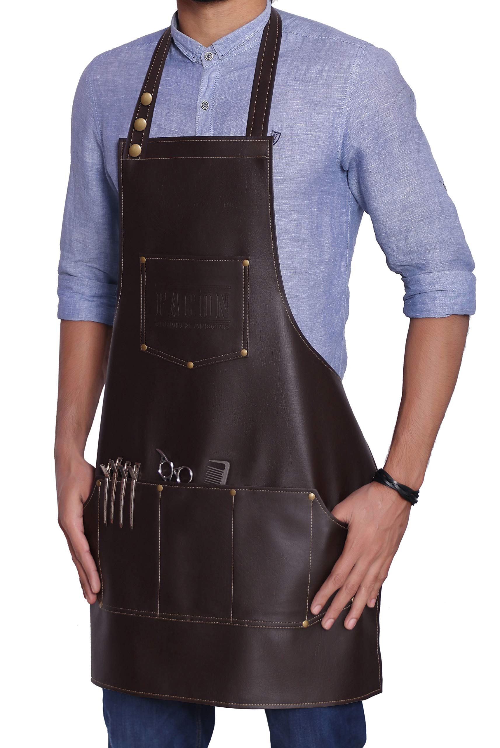 FacÃƒ³n Professional Leather Hair Cutting Hairdressing Barber Apron Cape for Salon Hairstylist - Multi-use, Adjustable with 6 pockets - Heavy Duty Premium Quality - Limited Edition - 28 x 24 (Brown)