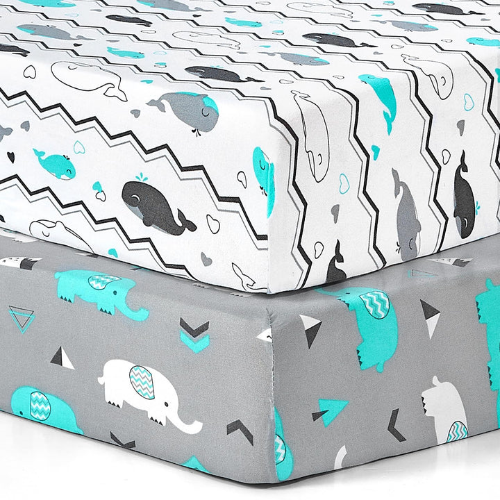 BROLEX Baby Fitted Crib Sheets: Kid Crib Sheets - Set of 2 for Toddler Standard Size Crib Mattress for Boys and Girls - Jersey Knit Crib Bed Sheets Elephant Whale