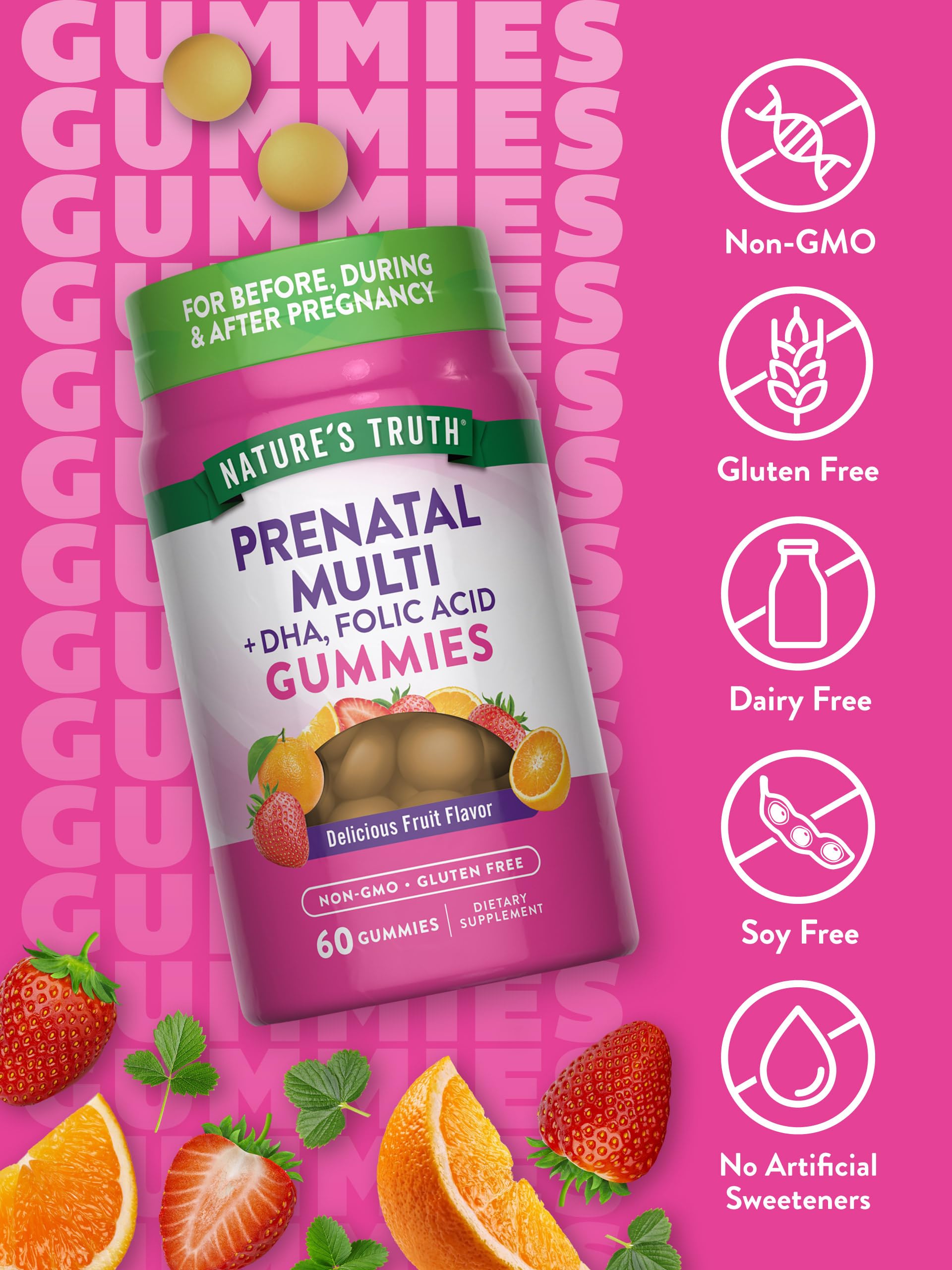 Nature's Truth Prenatal Multivitamin Gummies | with DHA & Folic Acid | 60 Count | Fruit Flavor | Non-GMO & Gluten Free Supplement