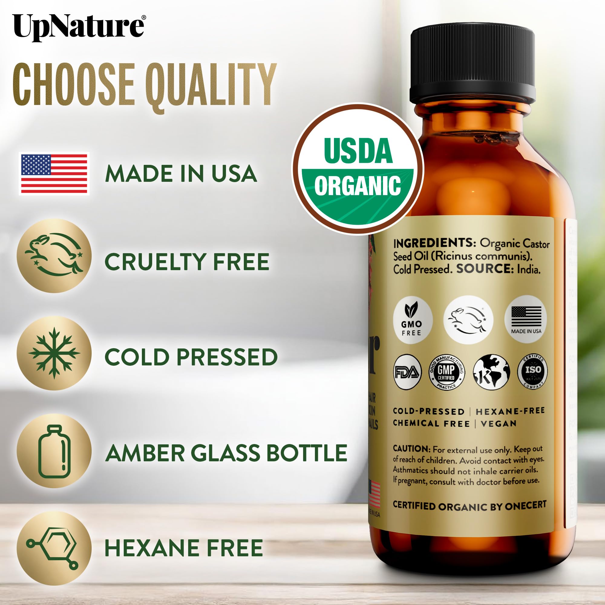 UpNature Organic Castor Oil for Eyelashes – Lash Serum for Eyelash Growth with Hexane-Free Cold-Pressed Oil (2oz) Includes Mascara Tube