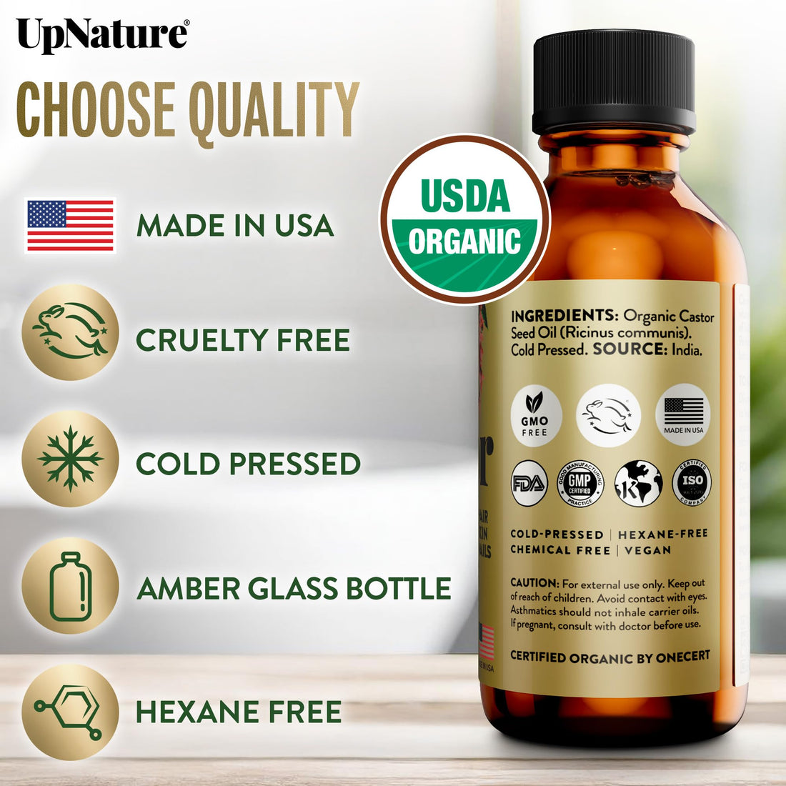 UpNature Organic Castor Oil for Eyelashes – Lash Serum for Eyelash Growth with Hexane-Free Cold-Pressed Oil (2oz) Includes Mascara Tube