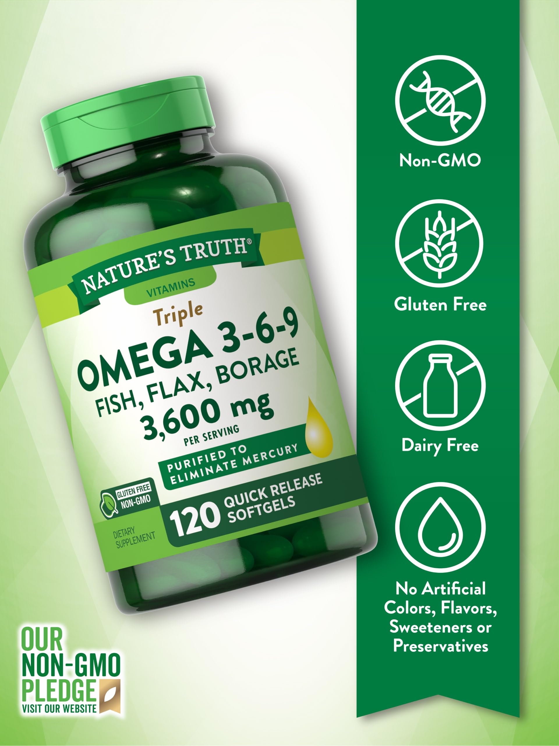 Nature's Truth Omega 3-6-9 Softgels | 3600mg | 120 Count | Fish, Flax, & Borage Oil | Triple Strength | Non-GMO & Gluten Free Supplement