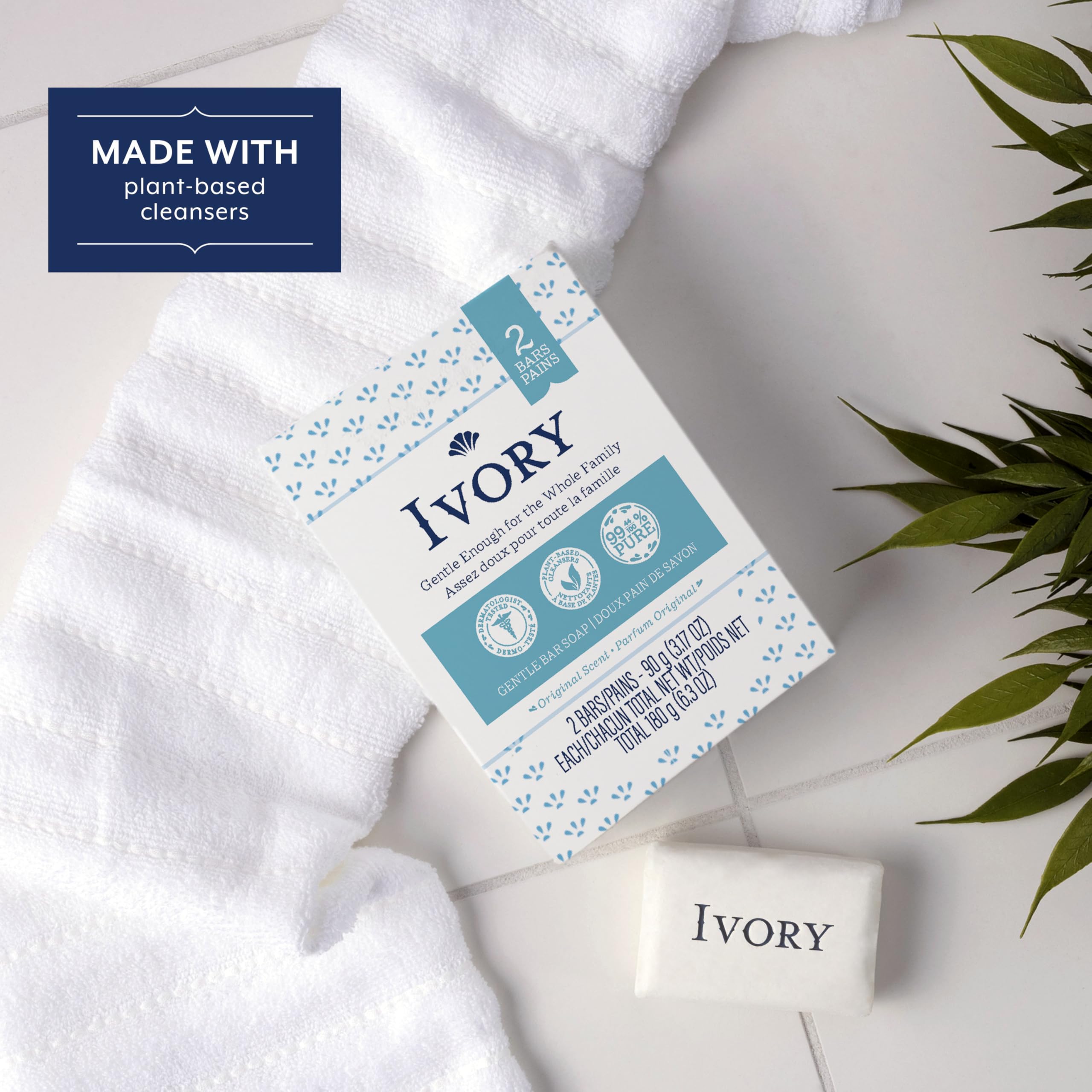 Ivory Gentle Bath Bar Soap, Designed for Whole Family, 99.44% Pure Formula with Plant-Based Cleansers, Made Without Heavy Perfumes, Parabens or Phthalates, Original Scent, 3.17 oz (2 Count)
