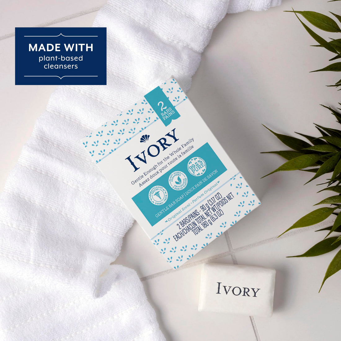 Ivory Gentle Bath Bar Soap, Designed for Whole Family, 99.44% Pure Formula with Plant-Based Cleansers, Made Without Heavy Perfumes, Parabens or Phthalates, Original Scent, 3.17 oz (2 Count)