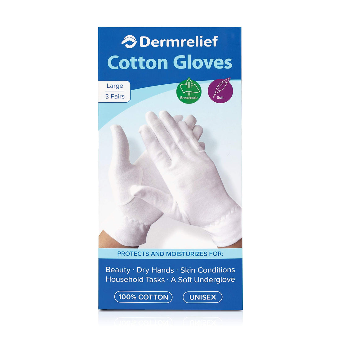 Dermrelief Cotton Gloves - for Beauty, Dry Hands, Eczema, Dermatitis and Psoriasis (Large, 3 Pairs)