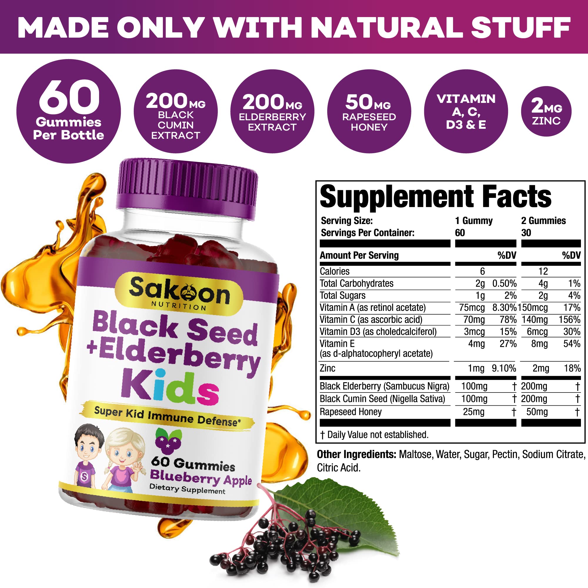 Sakoon nutrition Elderberry & Black Seed Oil Gummies for Kids, Immune Support Gummies, with Vitamin C and Zinc, Delicious Berry Flavor, 60 Gummies