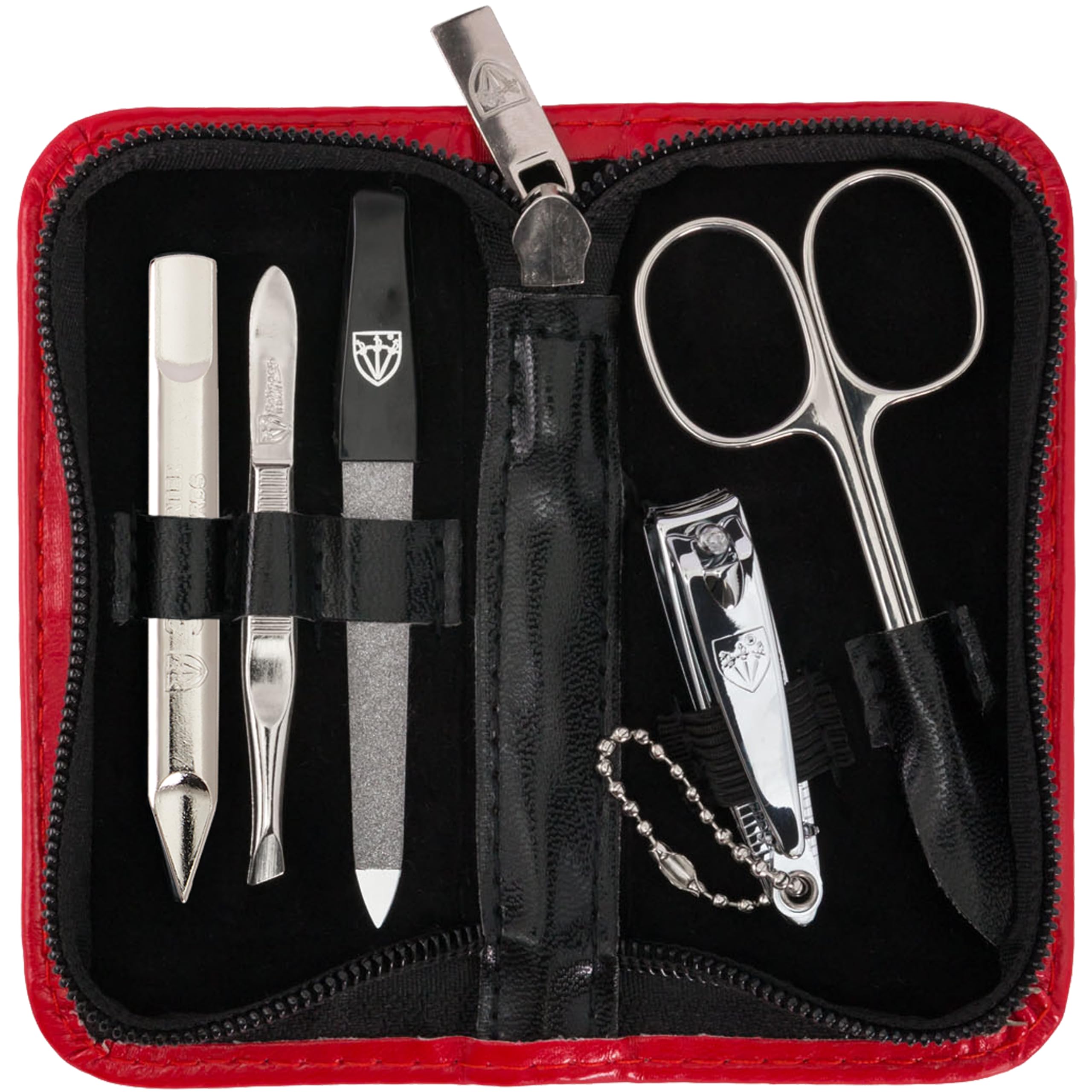 3 SWORDS GERMANY - 5 Piece Manicure & Pedicure Kit, made of high quality artificial leather in red, Quality: Made in Solingen/Germany