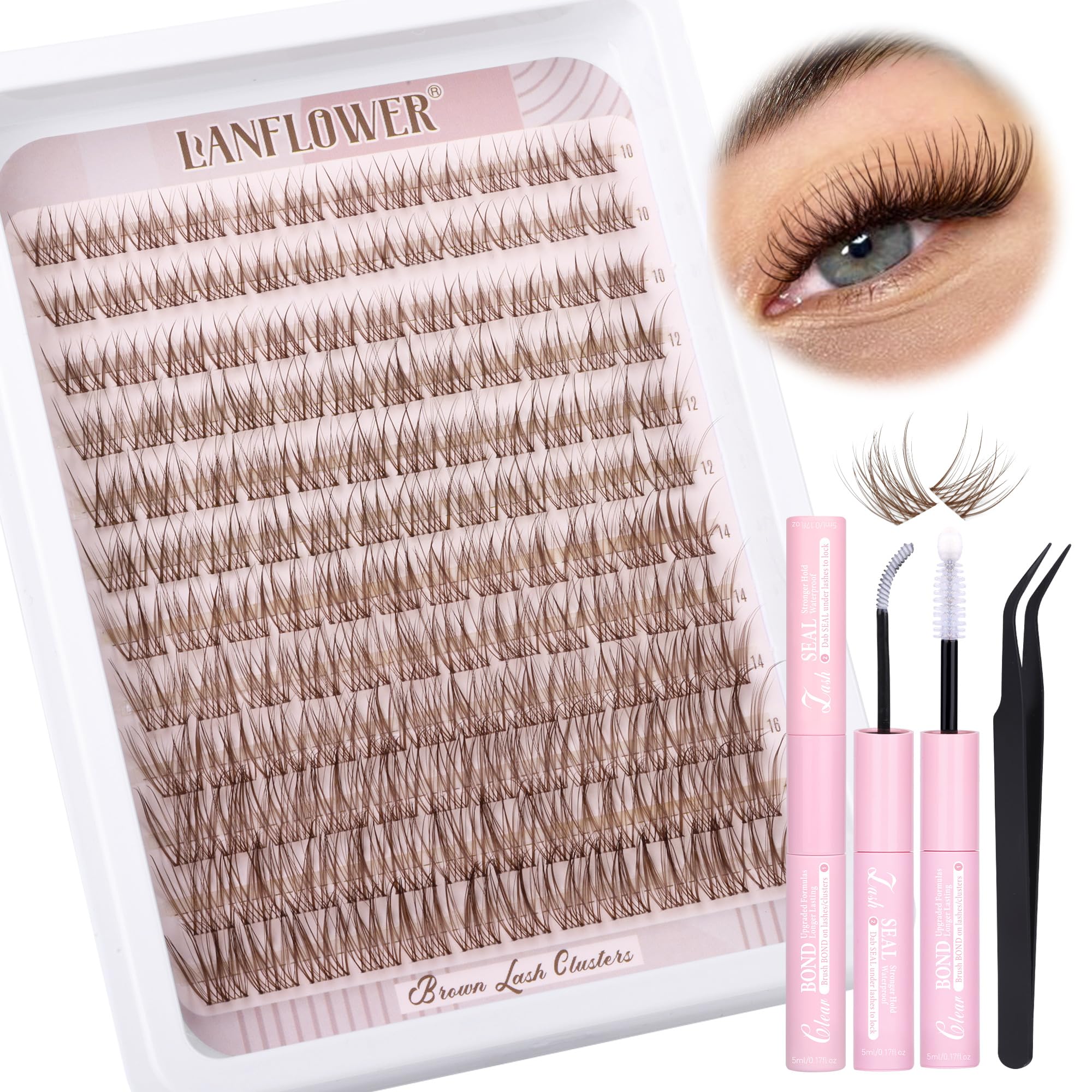 Brown Lash Clusters Kit Natural Lash Extension Kit Wispy Eyelash Clusters C Curved Cluster Eyelash Extensions 10-16mm Eyelash Extension Kit Brown Individual Lashes DIY at Home by Lanflower