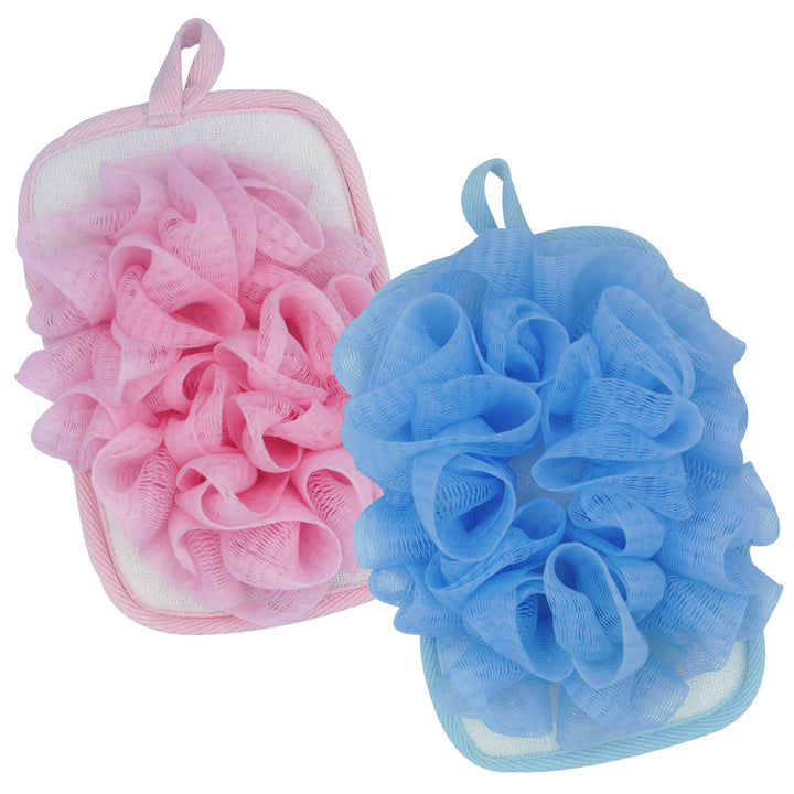 Bleu Bath (2 Pack) Exfoliating Bath Sponge Body Loofah Mitt Pad Shower Pouf Elastic Hand Strap Mesh Sponge Shower Scrubber