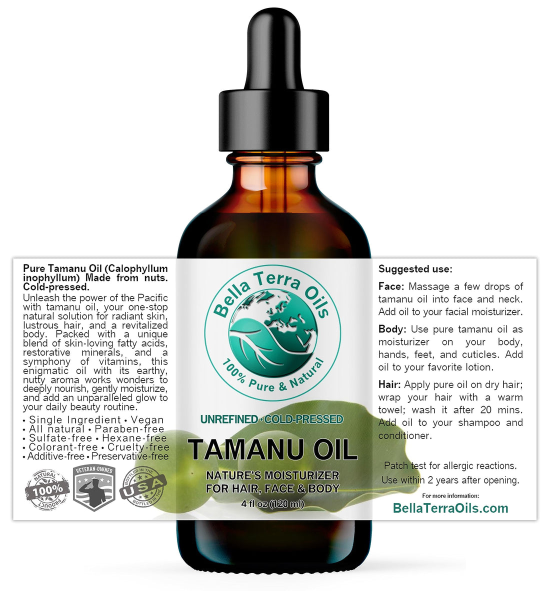 Tamanu Oil 4 oz Foraha. 100% Pure. Cold-pressed. Unrefined. Organic. Natural. - Bella Terra Oils