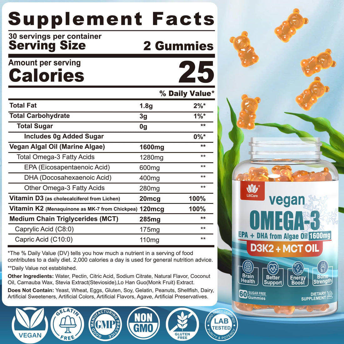 LILICARE Vegan Omega3 Gummies 1280mg + Vitamin D3 K2, Sugar Free Omega 3 Fish Oil Alternative w/EPA 600mg & DHA 400mg & MCT Oil, No Fish Taste, from Marine Algae Oil, for Brain, Eye, Immunity, 2 Pack