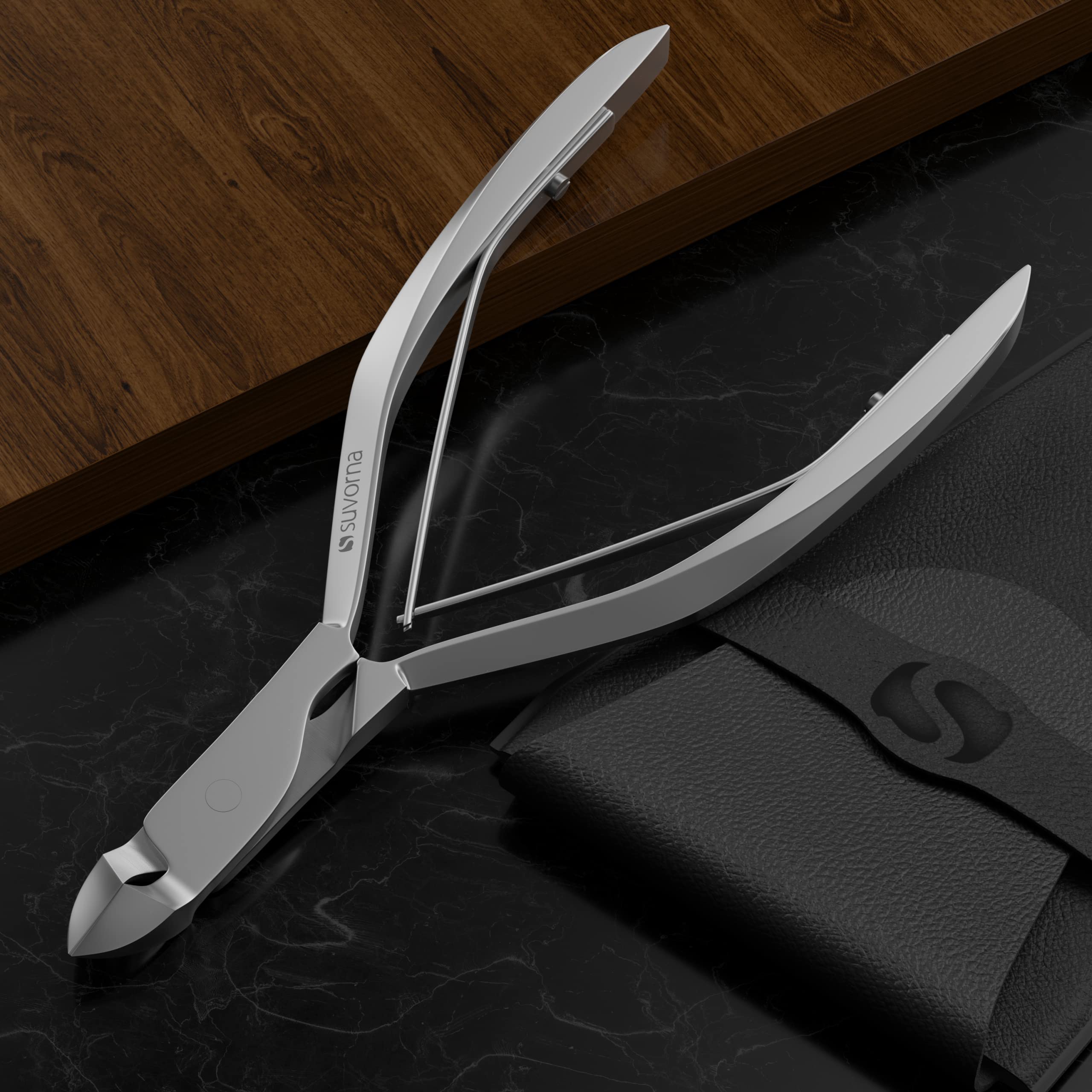 Suvorna Manipro Professional Cuticle Nail Nipper Cutter with Leather Case, Polished Steel, 3.2 Ounce