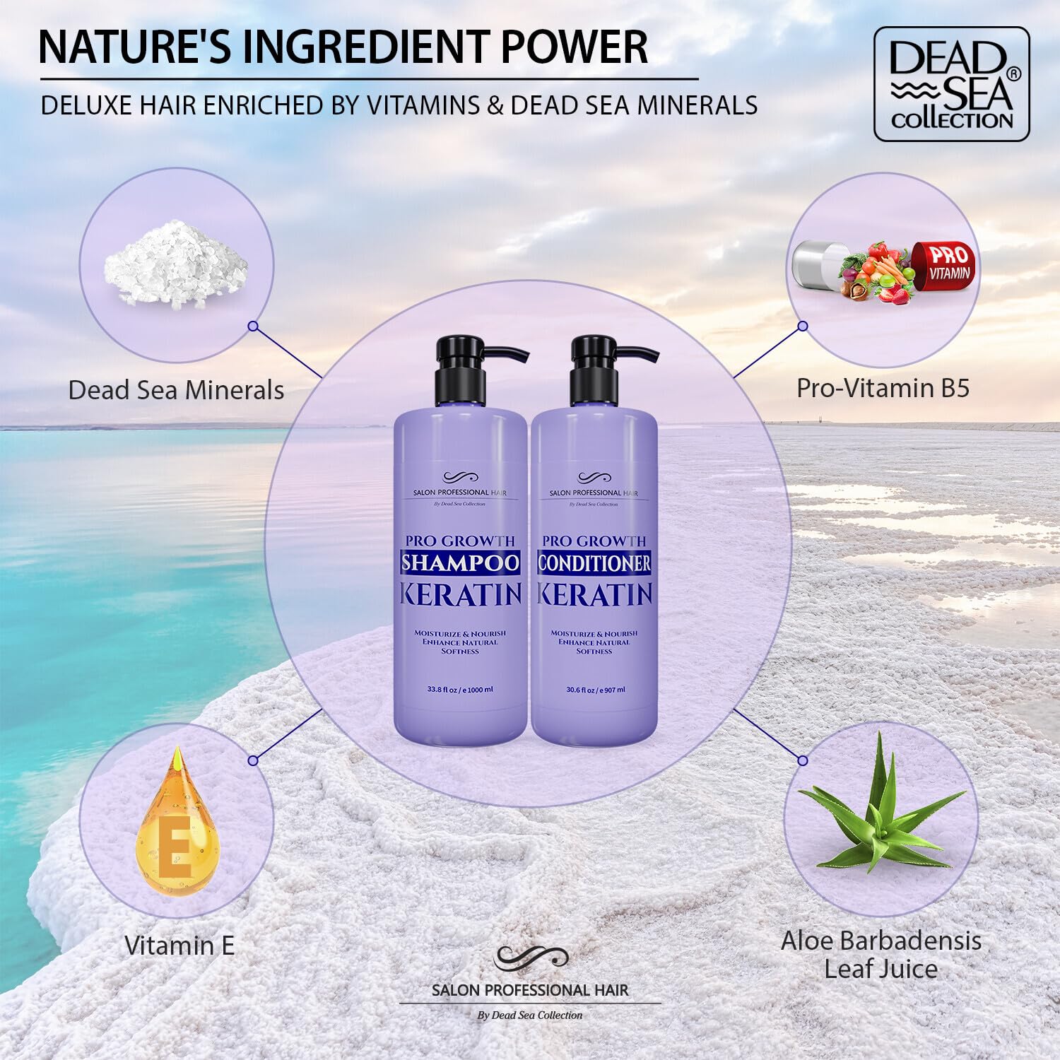 Dead Sea Collection Shampoo and Conditioner Set for Strengthening and Volume - Pure Dead Sea Minerals and Keratin – Hair Care - Nutrition, Repair and Shine - Pack of 2 (33.8 & 30.6 Fl. Oz)