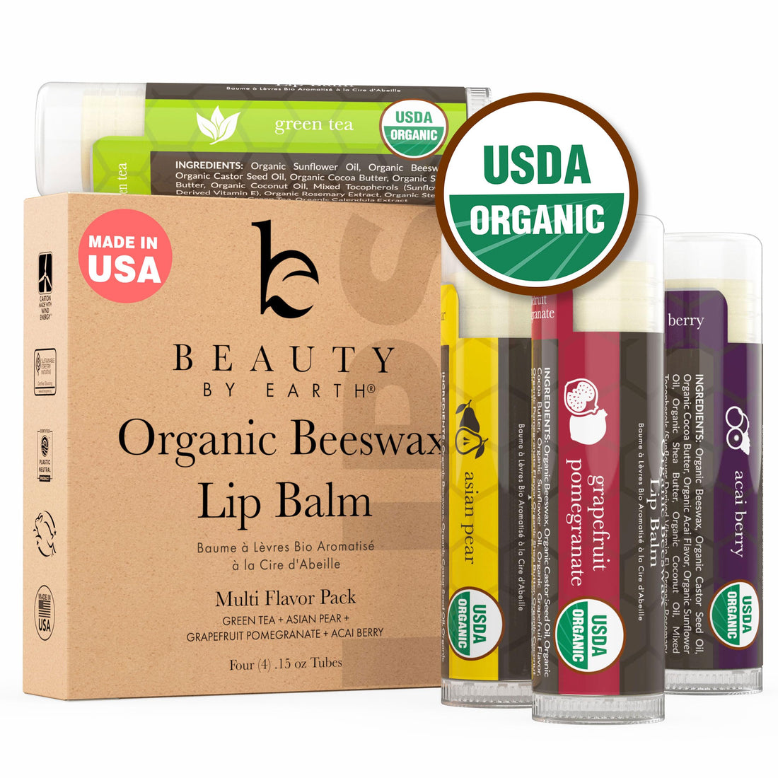 Lip Balm - Organic Pack of 4 Tubes Flavored Moisturizer to Repair Dry, Chapped and Cracked Lips with Best Natural Ingredients with Fruity Flavors - Great Gifts for Men, Women, Teens