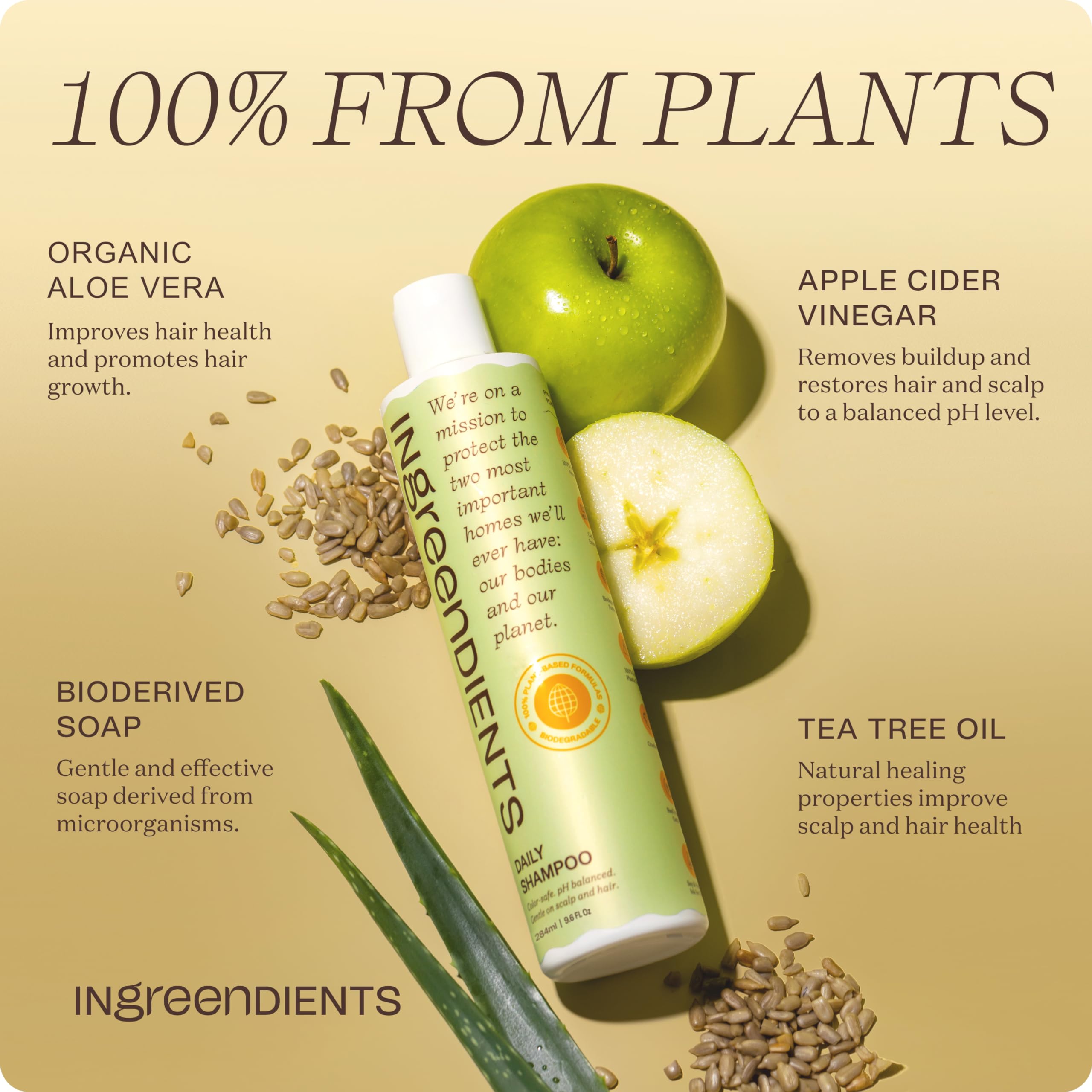 Ingreendients Non Toxic Vegan Shampoo with Organic Ingredients, Apple Cider Vinegar & Tea Tree Oil - Sulfate Free, Color Safe, Paraben Free, Gluten Free, Cruelty Free, pH Balanced