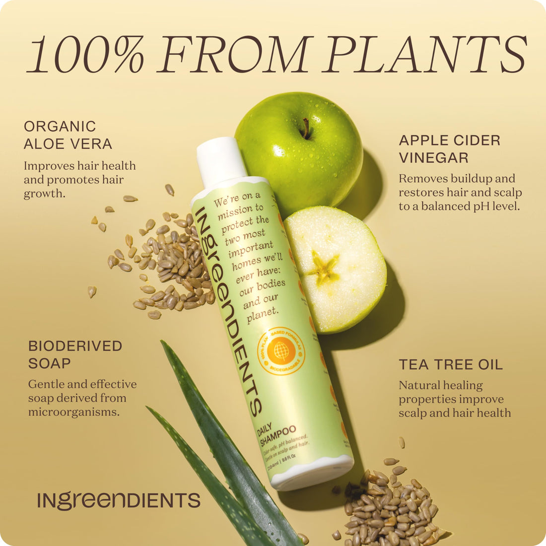 Ingreendients Non Toxic Vegan Shampoo with Organic Ingredients, Apple Cider Vinegar & Tea Tree Oil - Sulfate Free, Color Safe, Paraben Free, Gluten Free, Cruelty Free, pH Balanced