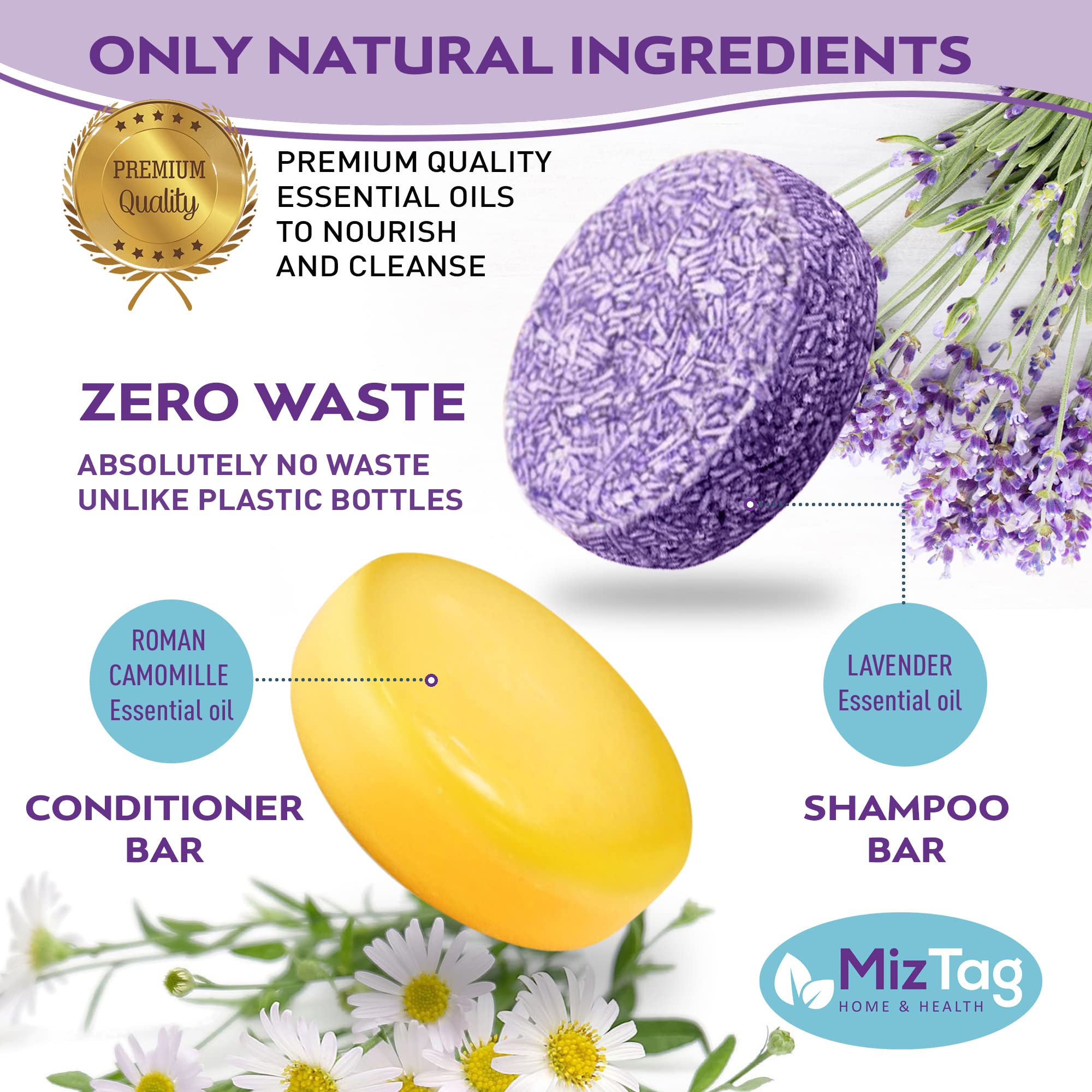 Miztag Home & Health Shampoo and Conditioner Bar Set - 5pcs with Holder & Travel Tins - Vegan, Sulfate-Free, Paraben-Free - Eco-Friendly Gift for Women