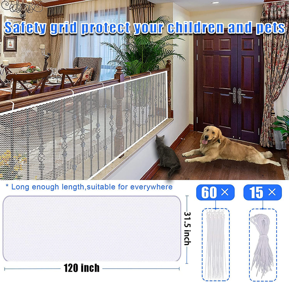 JIFTOK Baby Gate for Stairs, Banister Guard for Kids, Pets, Toys, 10ft L x 2.66 ft H, Mesh Netting Safety Net for Balcony Rail Stair, Stairway Net Baby Safety Products for Indoor & Outdoor (White)