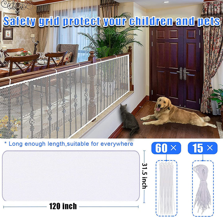 JIFTOK Baby Gate for Stairs, Banister Guard for Kids, Pets, Toys, 10ft L x 2.66 ft H, Mesh Netting Safety Net for Balcony Rail Stair, Stairway Net Baby Safety Products for Indoor & Outdoor (White)