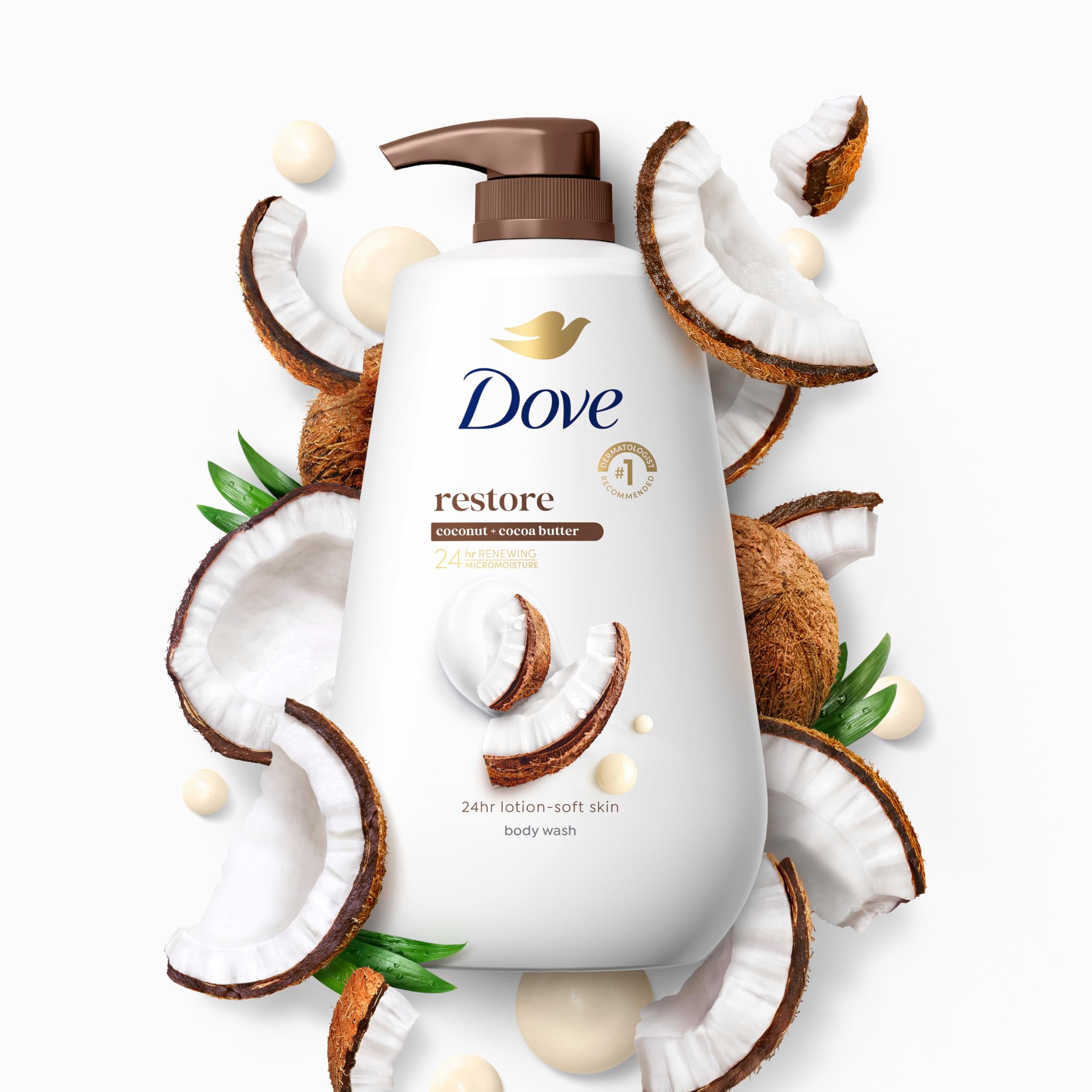 Dove Body Wash with Pump Restore Coconut & Cocoa Butter for 24hr Lotion-Soft Skin Moisturizing Skin Cleanser with No Sulfates No Parabens 30.6 Oz