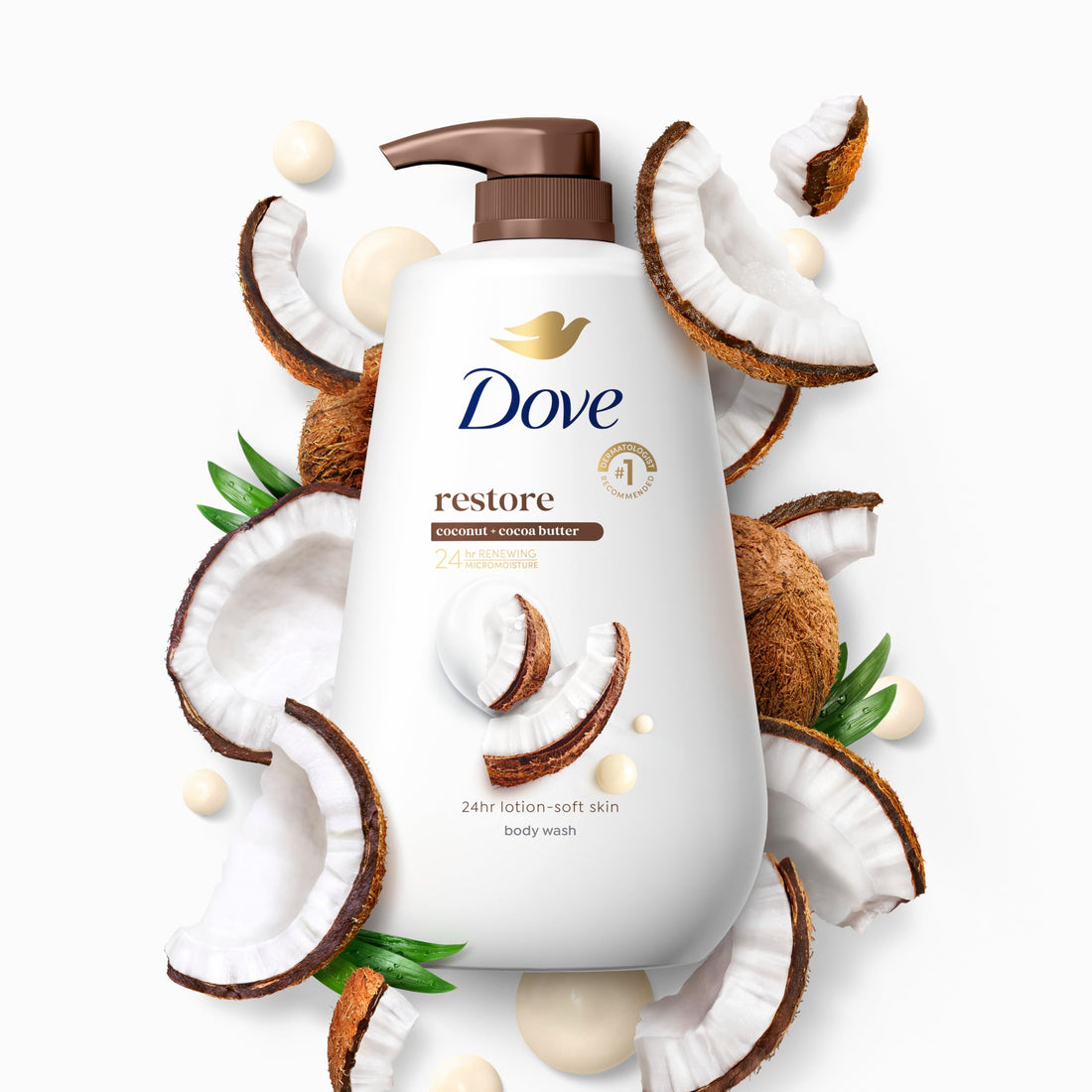 Dove Body Wash with Pump Restore Coconut & Cocoa Butter for 24hr Lotion-Soft Skin Moisturizing Skin Cleanser with No Sulfates No Parabens 30.6 Oz