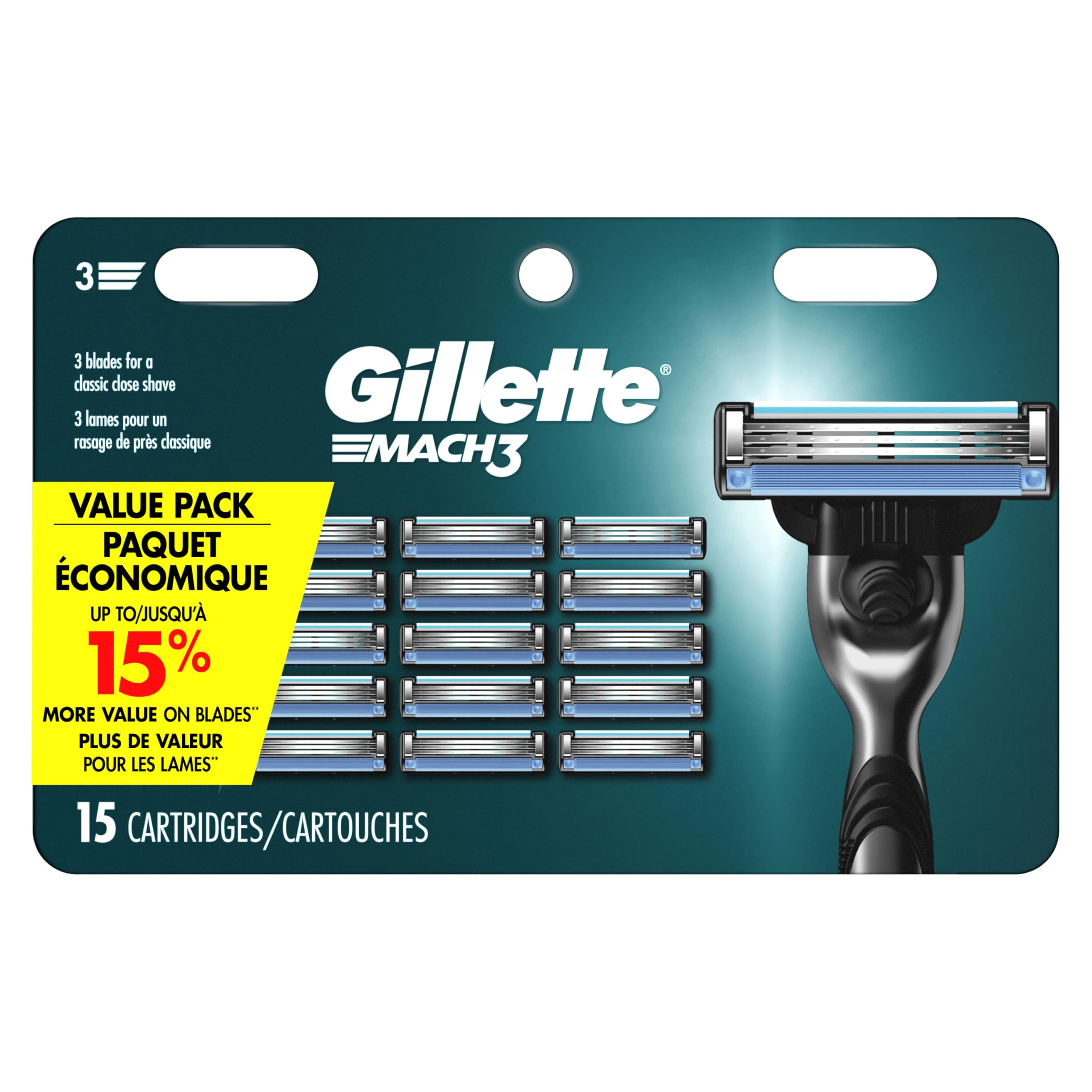 Gillette Mach3 Mens Razor Blade Refills, 15 Count, Designed for Sensitive Skin