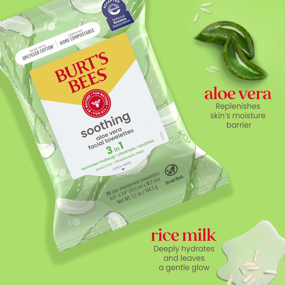 Burt's Bees, Aloe Vera Face Wipes, for Sensitive Skin, Soothing Makeup Remover & Facial Cleansing Towelettes, 30 Count (1 Pack)