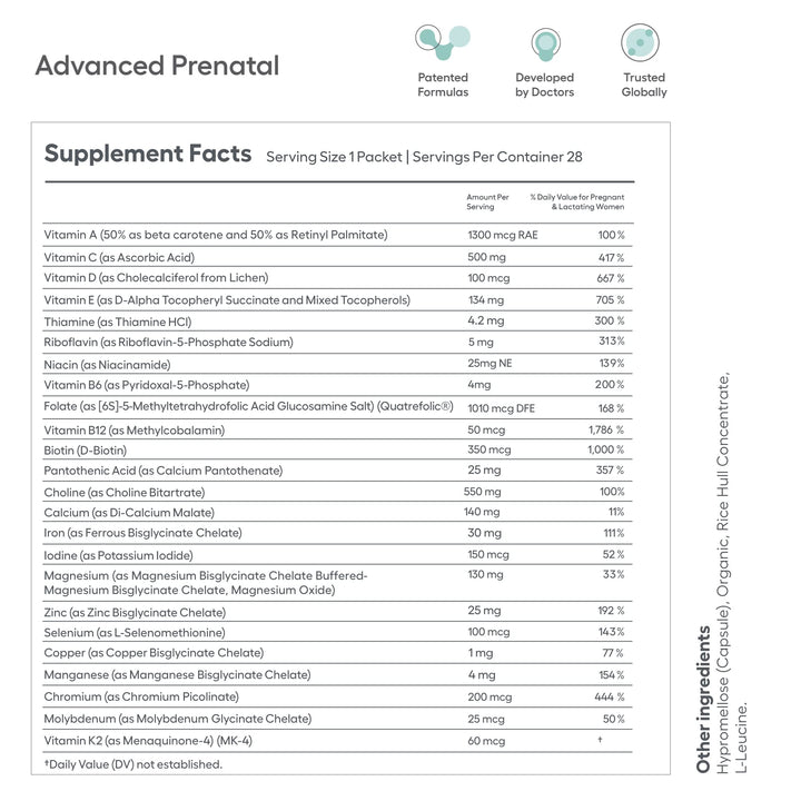 Ovaterra Advanced Prenatal, Prenatal Vitamins for Women with Choline, Methylfolate, Chelated Iron, Vitamins A, B6, and B12, 4-Week Supply Prenatal Multivitamin (28 Capsule Packs)